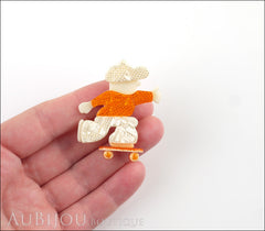 Lea Stein Skateboarder Boy Brooch Pin Pearly White Mesh Orange Model
