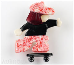 Lea Stein Skateboarder Girl Brooch Pin Pink Mesh Black Red Front