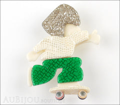 Lea Stein Skateboarder Girl Brooch Pin White Green Sparkly Silver Front