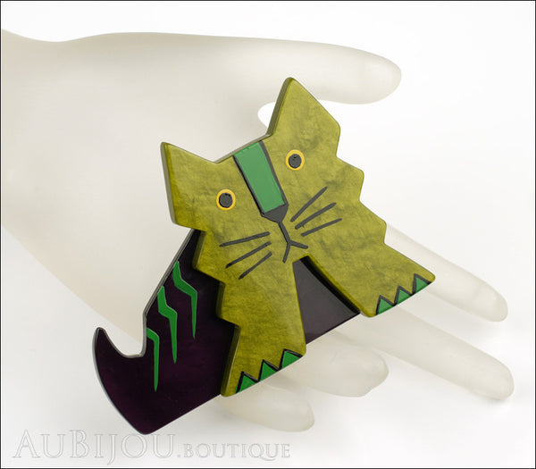 Marie Christine Pavone Brooch Cat Art Deco Green Purple Galalith