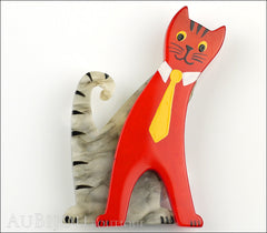 Marie-Christine Pavone Brooch Cat With Tie Grey Red Galalith Paris France Front
