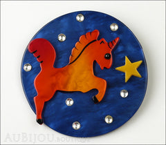 Marie-Christine Pavone Pin Brooch Unicorn Starry Night Blue Orange Galalith Front