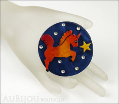 Marie-Christine Pavone Pin Brooch Unicorn Starry Night Blue Orange Galalith Mannequin