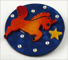 Marie-Christine Pavone Pin Brooch Unicorn Starry Night Blue Orange Galalith Side
