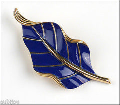 Vintage Crown Trifari Floral Dark Blue Enamel Leaf Brooch Pin Retro Jewelry 1960's