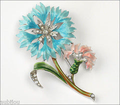 Vintage Crown Trifari Philippe Blue Enamel Floral Cornflower Fur Clip Pin 1940's