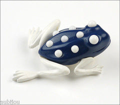 Vintage Crown Trifari Figural White Enamel Blue Lucite Frog Toad Brooch Pin 1960's