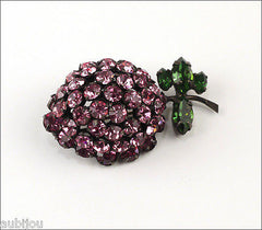 Vintage Schreiner Japanned Emerald Green Rose Rhinestone Strawberry Brooch Pin