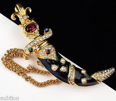 Trifari Limited Edition Enamel Rhinestone Dagger Sword Chatelaine Brooch Pin