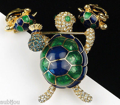 Vintage Ciner Figural Green Blue Enamel Rhinestone Turtle Hobo Brooch Pin Set 1960's