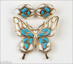 Vintage Trifari Figural White Blue Mosaic Glass Butterfly Insect Brooch Pin Set