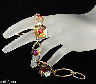 Vintage Simmons Gold Filled Gf Floral Red Rhinestone Flower Bracelet Art Deco