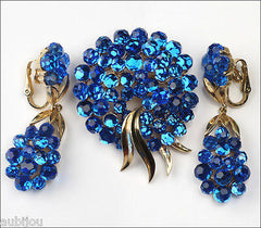 Vintage Trifari Briolette Cobalt Blue Rhinestone Brooch Pin Set Drop Earrings