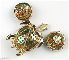 Vintage Trifari Figural Emerald Green Rhinestone Turtle Brooch Pin Trembler Set