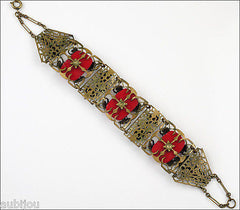 Antique Art Nouveau Brass Czech Grape Red Glass Cabochon Bracelet Victorian Leaf