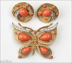 Vintage Crown Trifari Figural Faux Coral Butterfly Brooch Pin Set Insect 1960's