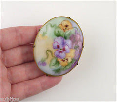 Vintage Porcelain Handpainted Floral Purple Pansy Violet Leaf Foliage Brooch Pin