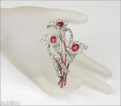 Vintage Trifari 1940's Ruby Red Pave Rhinestone Flower Calla Lily Brooch Pin Spaney