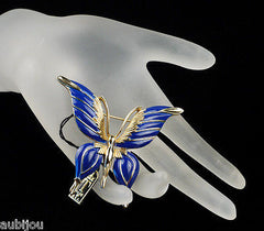 Vintage Crown Trifari Figural Dark Blue Enamel Butterfly Insect Brooch Pin Set