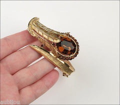 Vintage Trifari Smoked Topaz Rhinestone Floral Fern Set Brooch Pin Bracelet Parure