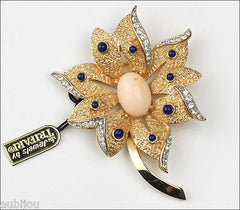 Vintage Crown Trifari Faux Angel Skin Coral Rhinestone Flower Brooch Pin 1960's
