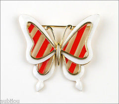 Vintage Crown Trifari Figural White Red Enamel Butterfly Insect Brooch Pin 1960's