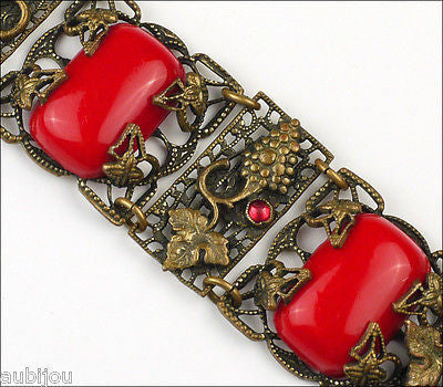 Antique Art Nouveau Brass Czech Grape Red Glass Cabochon Bracelet Victorian Leaf