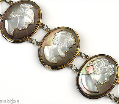 Antique Victorian Sterling Silver Mother Of Pearl Mop Carved God Cameo Bracelet