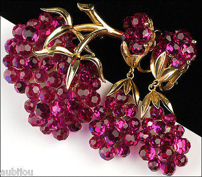Vintage Trifari Briolette Fuchsia Glass Rhinestone Brooch Pin Set Drop Earrings