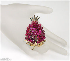 Vintage Trifari Briolette Fuchsia Rhinestone Pineapple Fruit Brooch Pin Set 1960's