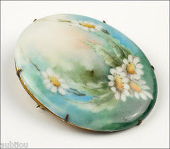 Antique Porcelain Hand Painted Floral White Daisy Green Leaf Flower Brooch Pin