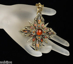 Vintage Signed Art Heraldic Cross Smoked Topaz Rhinestone Brooch Pin Set Pendant 1960's