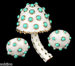 Vintage Crown Trifari White Enamel Turquoise Beads Mushroom Brooch Pin Set 1960's