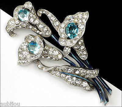 Vintage 1940's Trifari Aquamarine Aqua Pave Rhinestone Calla Lily Brooch Pin Flower