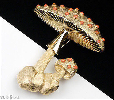 Vintage Crown Trifari Large Figural Faux Coral Mushroom Brooch Pin Toadstool