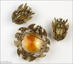 Vintage Florenza Heraldic Coat Of Arms Crown Eagle Jonquil Rhinestone Brooch Pin Set