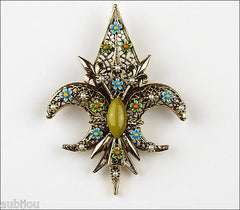 Vintage Signed Art Heraldic Green Enamel Fleur De Lis Lily Brooch Pin Floral 1960's