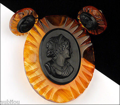 Vintage Carved Apple Juice Amber Lucite Celluloid Cameo Brooch Pin Set Earrings 1950's