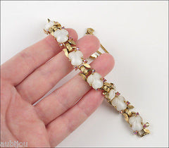 Vintage Trifari Fruit Salad White Moonstone Cabochon Leaf Bracelet Set Earrings
