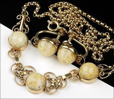 Vintage Van Dell Gold Filled Faux Opal Foil Glass Confetti Necklace Set Choker