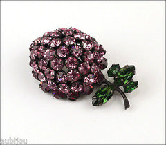 Vintage Schreiner Japanned Emerald Green Rose Rhinestone Strawberry Brooch Pin