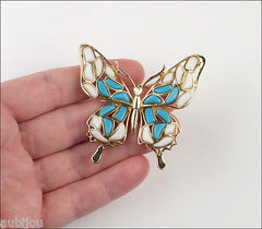 Vintage Trifari Figural White Blue Mosaic Glass Butterfly Insect Brooch Pin Set