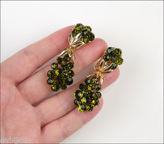Vintage Trifari Briolette Olivine Glass Rhinestone Brooch Pin Set Drop Earrings