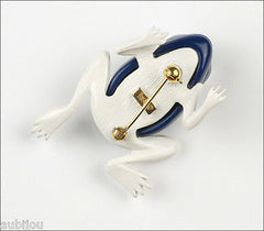 Vintage Crown Trifari Figural White Enamel Blue Lucite Frog Toad Brooch Pin 1960's