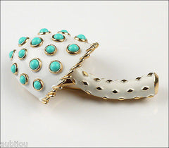 Vintage Crown Trifari White Enamel Turquoise Beads Mushroom Brooch Pin Set 1960's