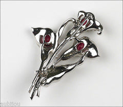 Vintage Trifari 1940's Ruby Red Pave Rhinestone Flower Calla Lily Brooch Pin Spaney