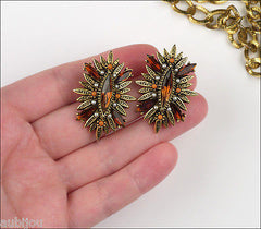 Vintage Signed Art Heraldic Cross Smoked Topaz Rhinestone Brooch Pin Set Pendant 1960's