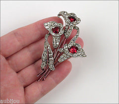 Vintage Trifari 1940's Ruby Red Pave Rhinestone Flower Calla Lily Brooch Pin Spaney