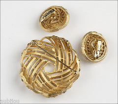 Vintage Crown Trifari Smoked Topaz Rhinestone Circle Brooch Pin Set Earrings