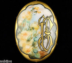 Antique Victorian Porcelain Hand Painted Floral Rose Monogram Flower Brooch Pin